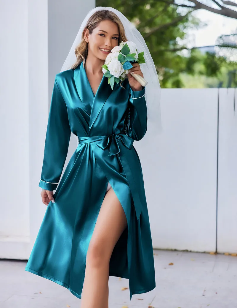 Silk Robes Shawl Collar Satin Long Bride Wedding Party Robe sold by Ekouaer product image thumbnail 2