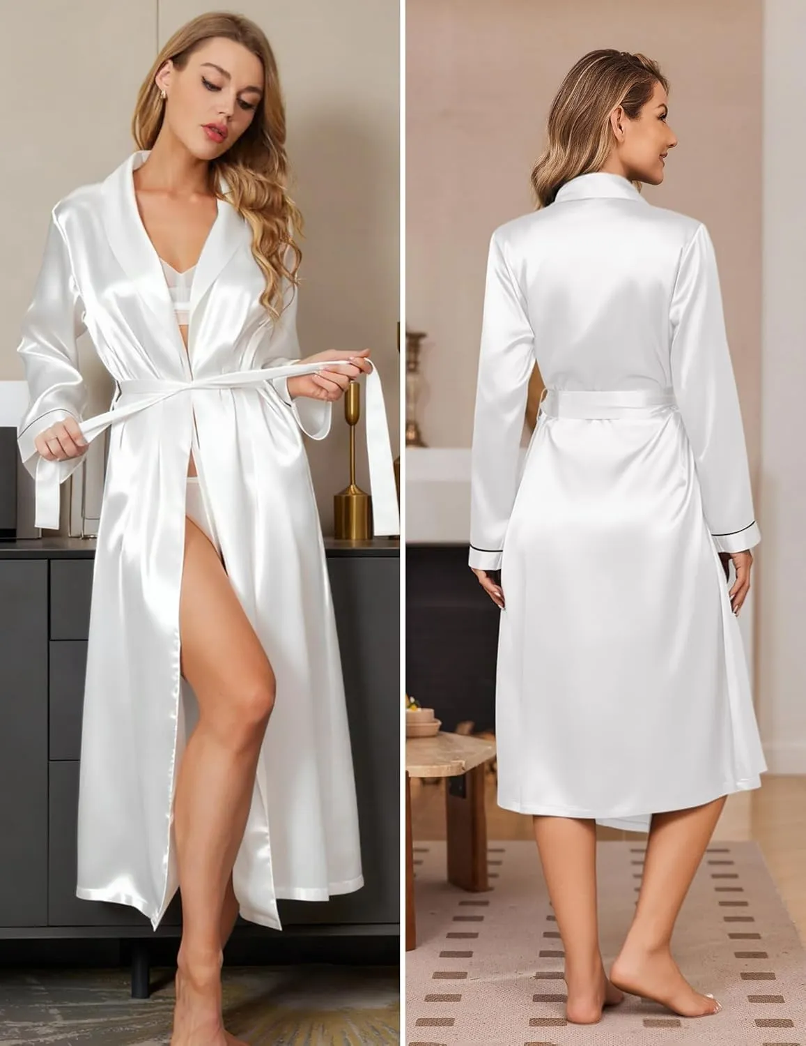 Silk Robes Shawl Collar Satin Long Bride Wedding Party Robe sold by Ekouaer product image thumbnail 4