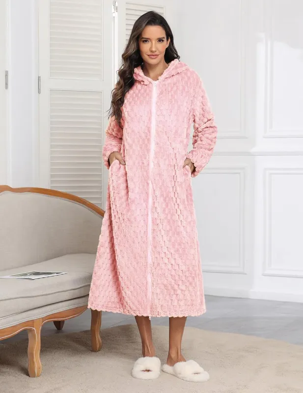 Fleece Robes Hooded Plush Zipper Front Long Bathrobe made by Ekouaer