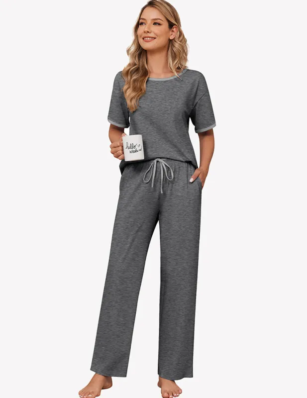 100% Cotton Pajama Set Short Sleeve Pj Top With Long Pants sold by Ekouaer