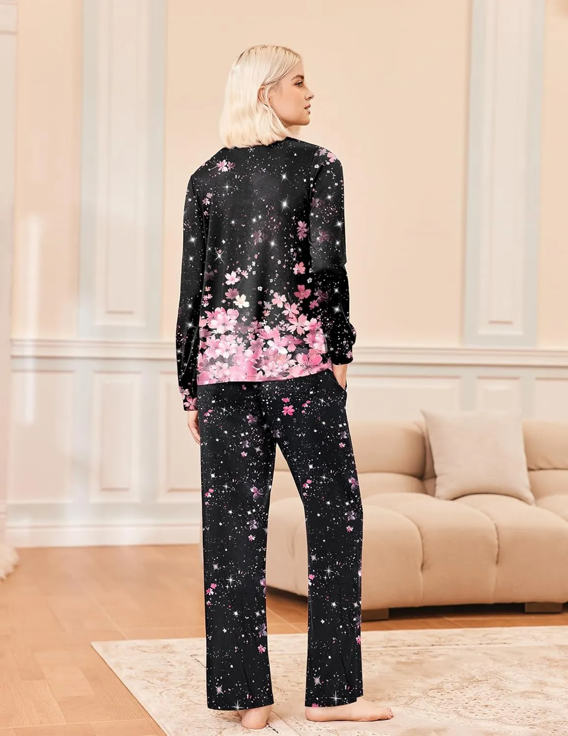 Long Sleeve Pleated V Neck Sleepwear with Pockets sold by Ekouaer product image thumbnail 3