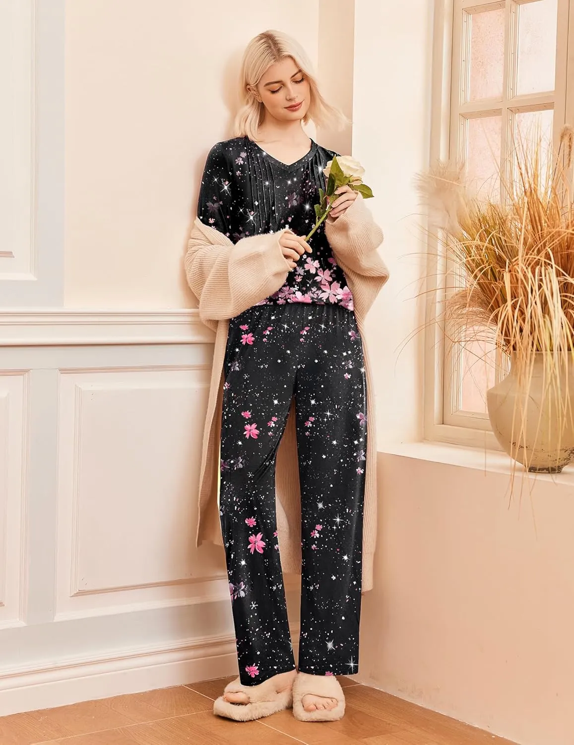 Long Sleeve Pleated V Neck Sleepwear with Pockets sold by Ekouaer