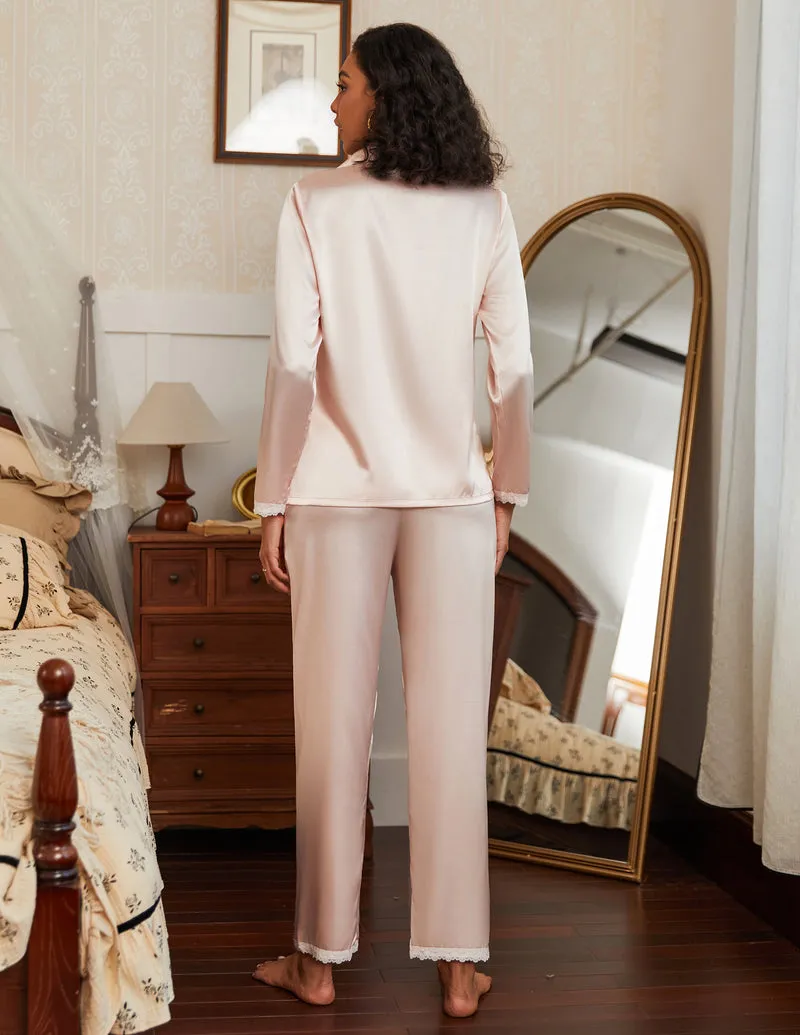 Satin Silk Long Sleeve Button Down 2 Pieces Lace Soft Pjs Set sold by Ekouaer product image thumbnail 2