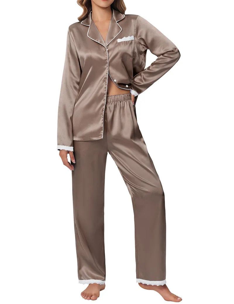 Satin Silk Long Sleeve Button Down 2 Pieces Lace Soft Pjs Set sold by Ekouaer product image thumbnail 5
