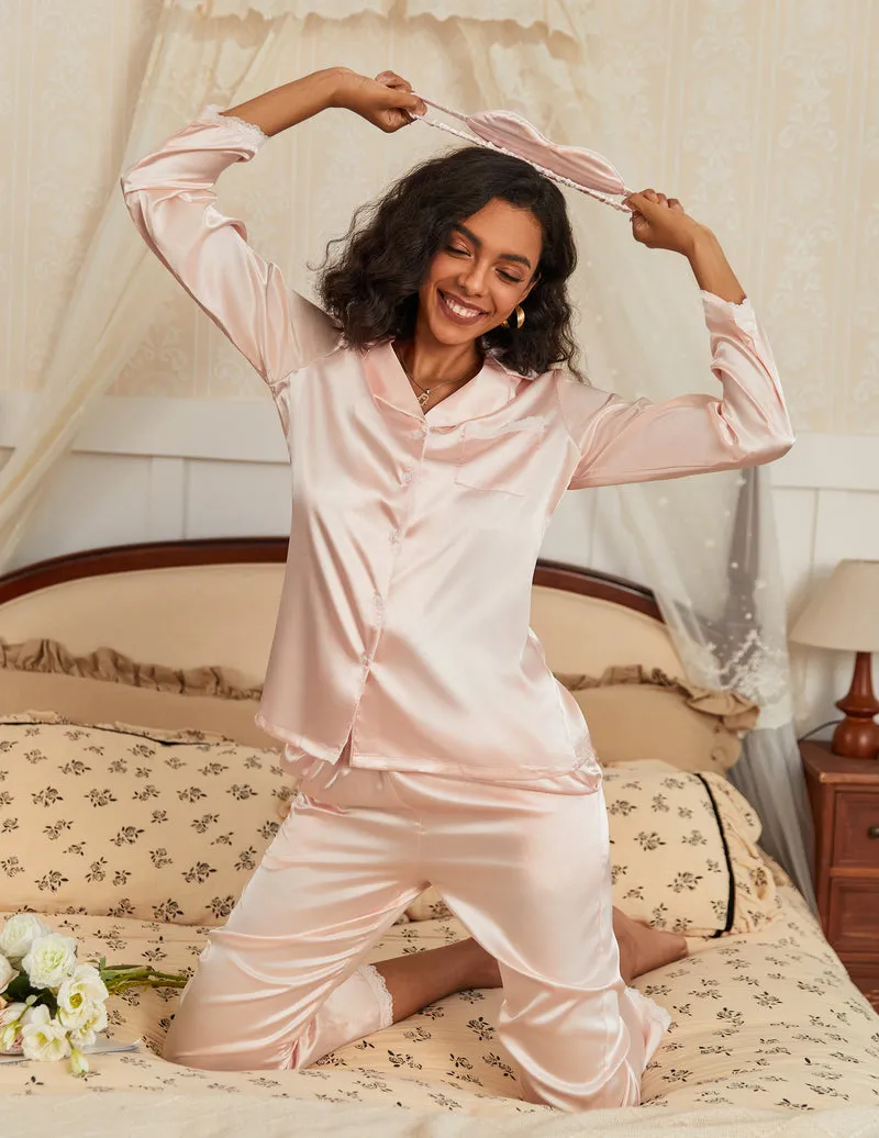 Satin Silk Long Sleeve Button Down 2 Pieces Lace Soft Pjs Set sold by Ekouaer product image thumbnail 4