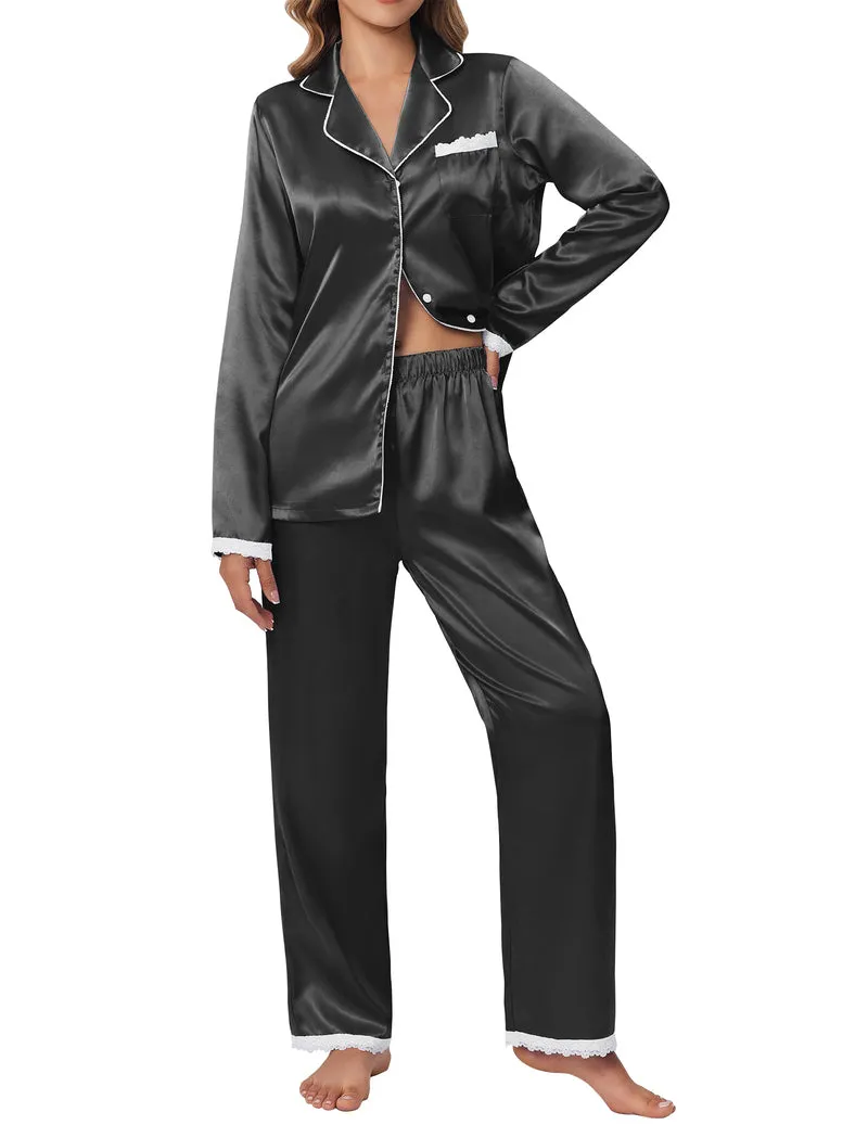 Satin Silk Long Sleeve Button Down 2 Pieces Lace Soft Pjs Set sold by Ekouaer product image thumbnail 3