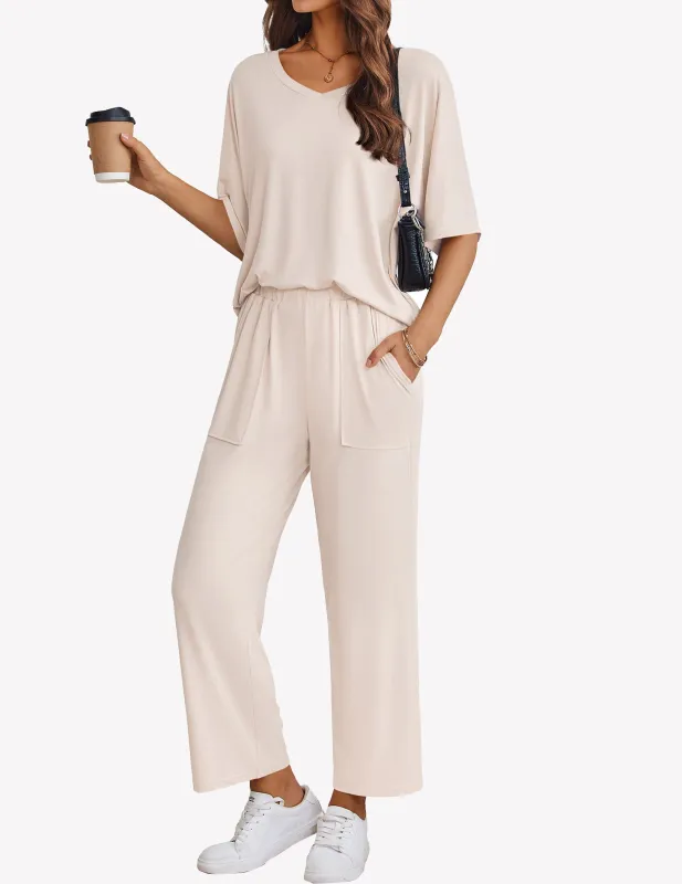 Comfy Pajamas Set Short Sleeve Tops and Wide Leg Pants sold by Ekouaer