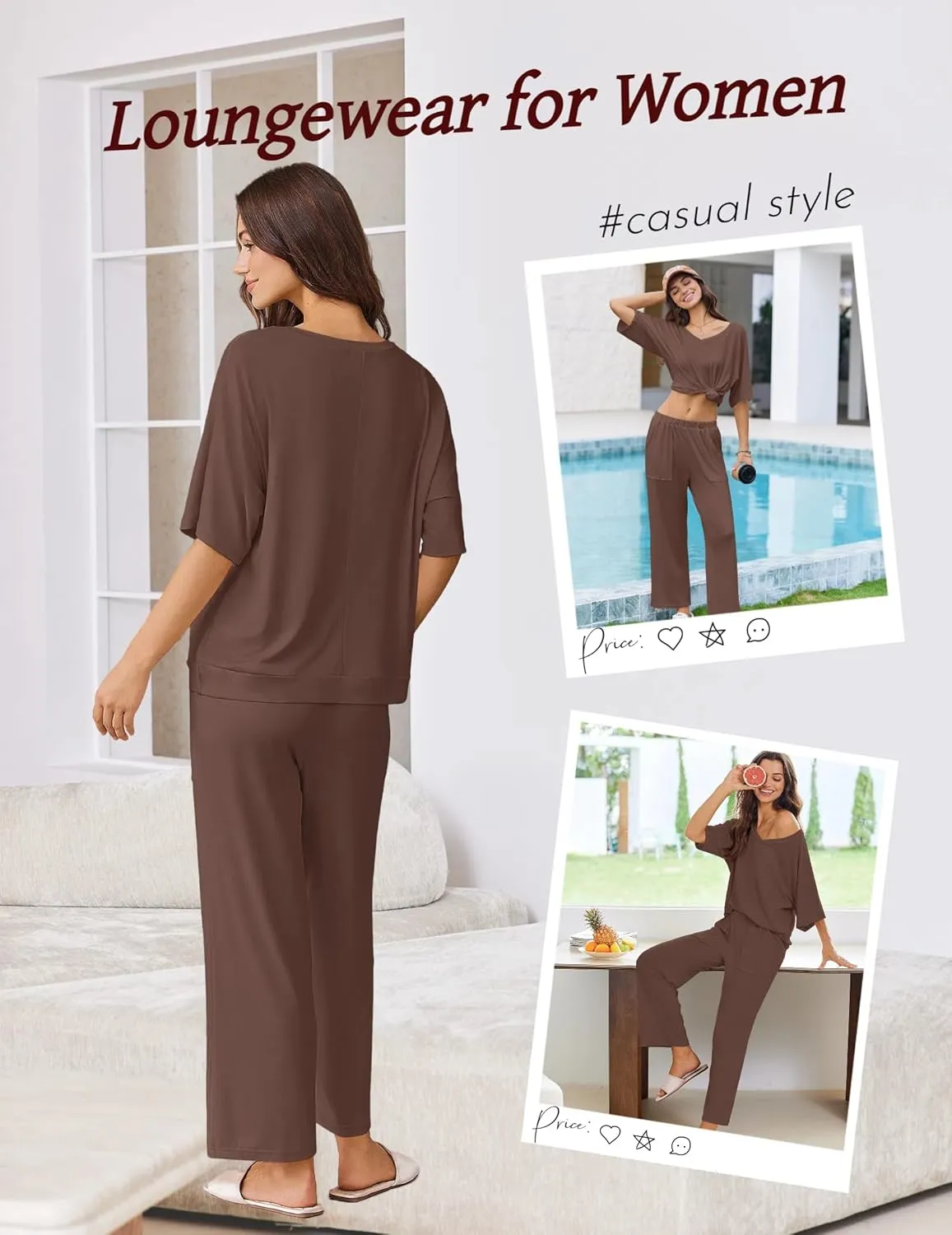 Comfy Pajamas Set Short Sleeve Tops and Wide Leg Pants sold by Ekouaer product image thumbnail 5