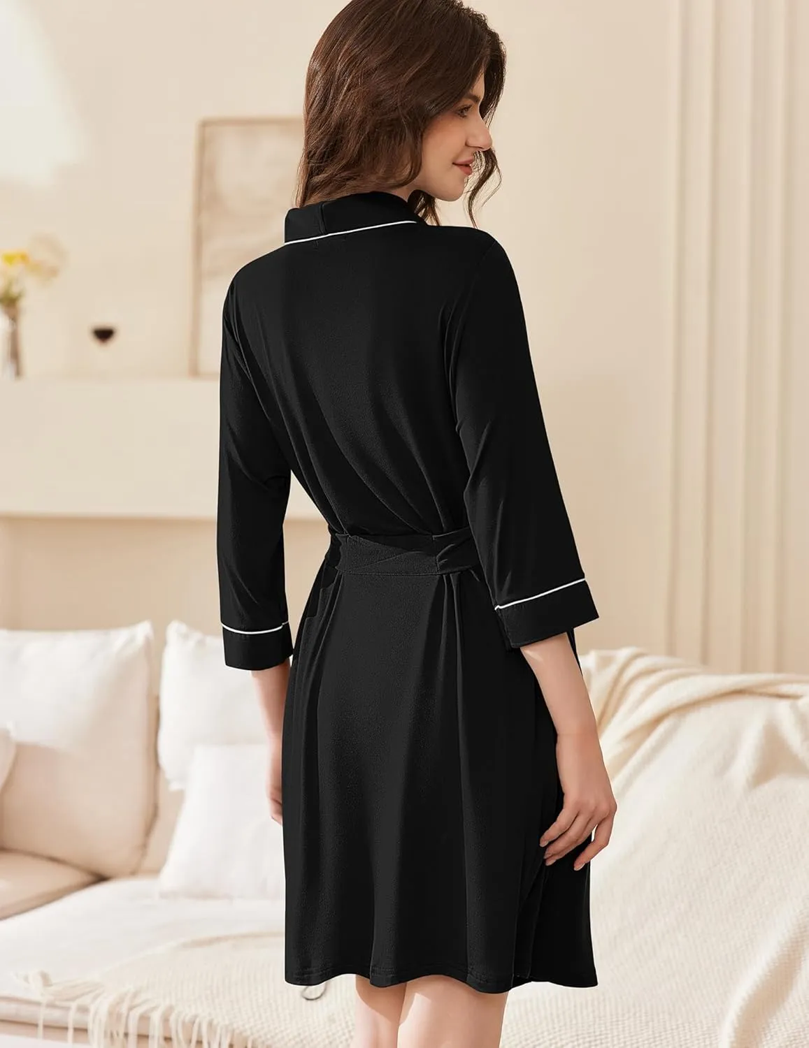 Collar Short Kimono Shawl Robe Soft Knit Bathrobes sold by Ekouaer product image thumbnail 2