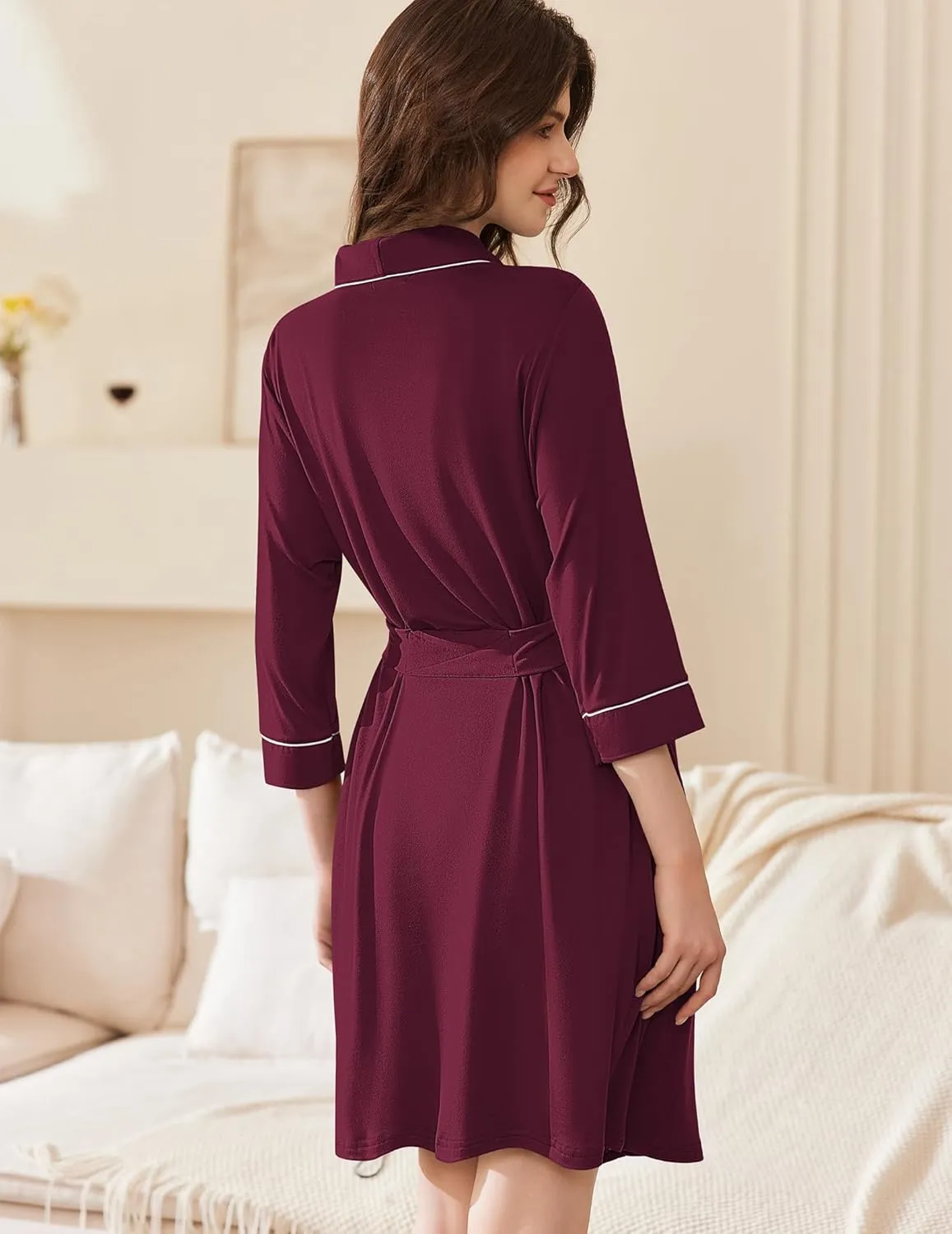 Collar Short Kimono Shawl Robe Soft Knit Bathrobes sold by Ekouaer product image thumbnail 5