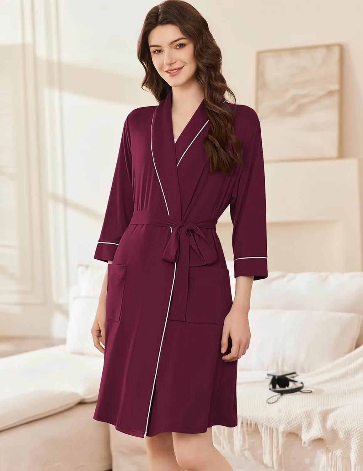 Collar Short Kimono Shawl Robe Soft Knit Bathrobes sold by Ekouaer product image thumbnail 3