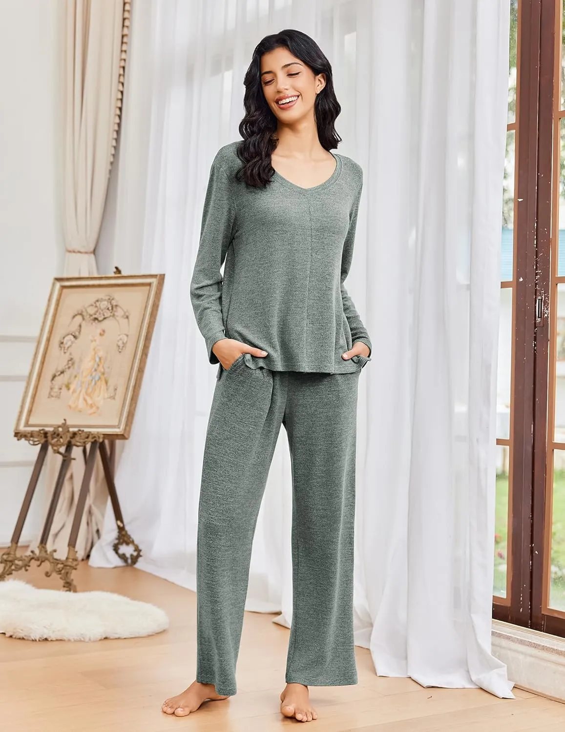 2 Piece Lounge Sets V Neck Matching Pjs Soft Sleepwear sold by Ekouaer