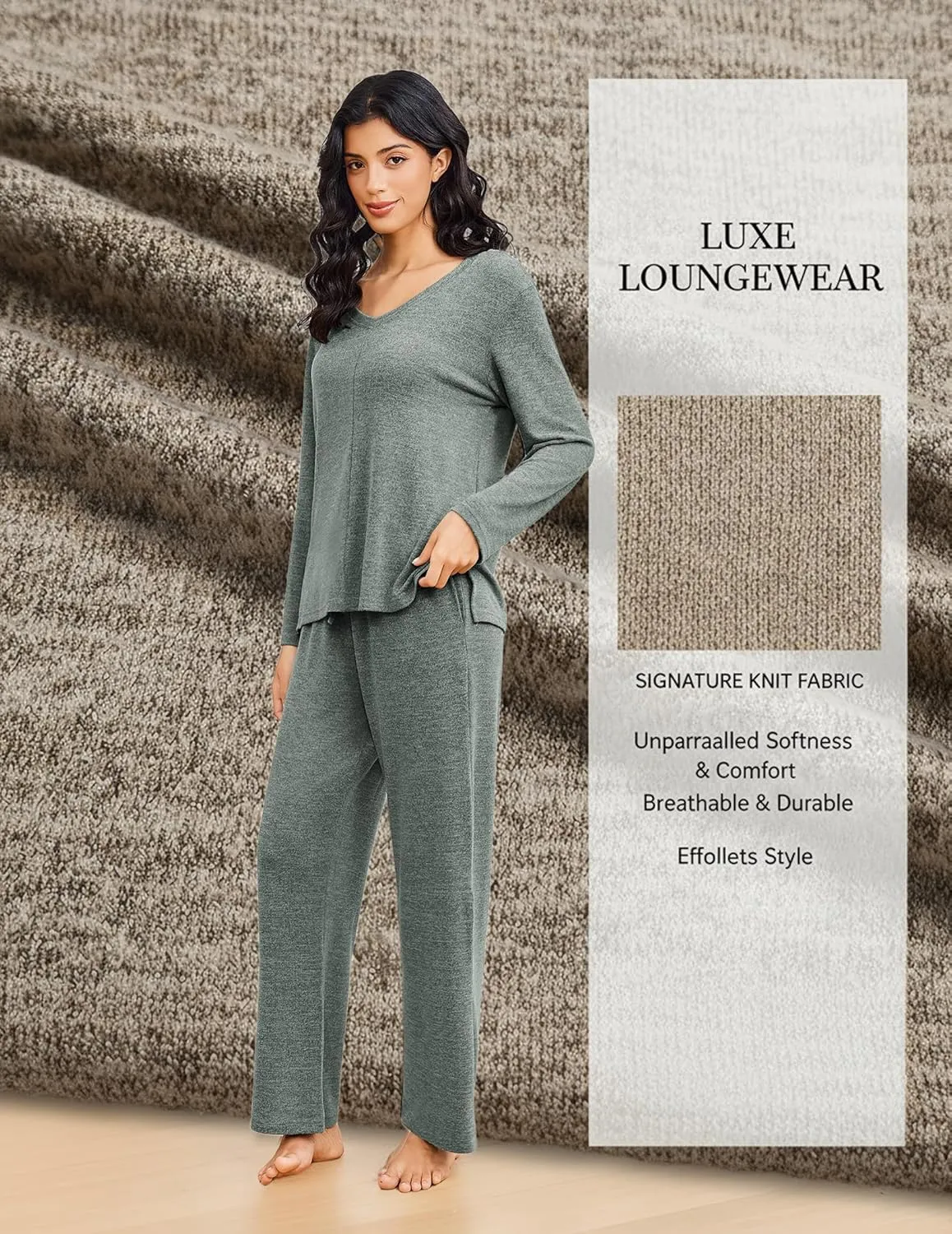 2 Piece Lounge Sets V Neck Matching Pjs Soft Sleepwear sold by Ekouaer product image thumbnail 2