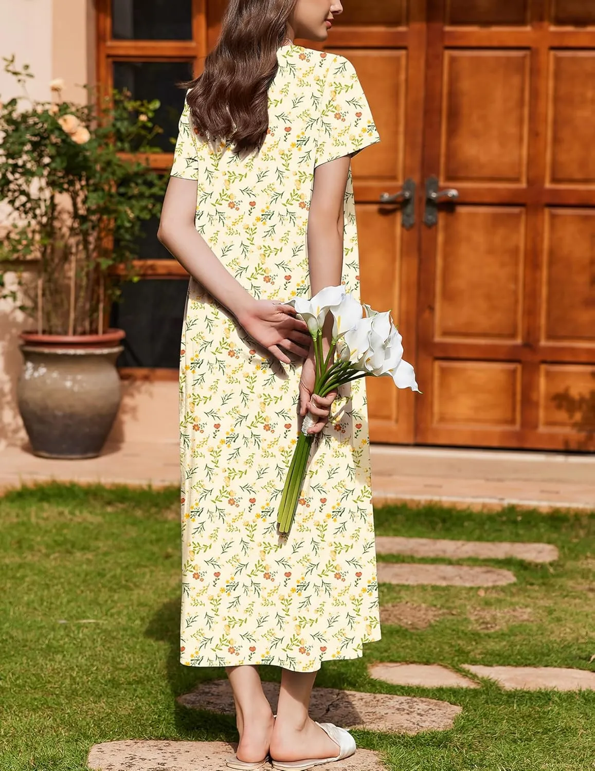 Cotton Long Night Gown Short Sleeve Nightdress with Pockets sold by Ekouaer product image thumbnail 5