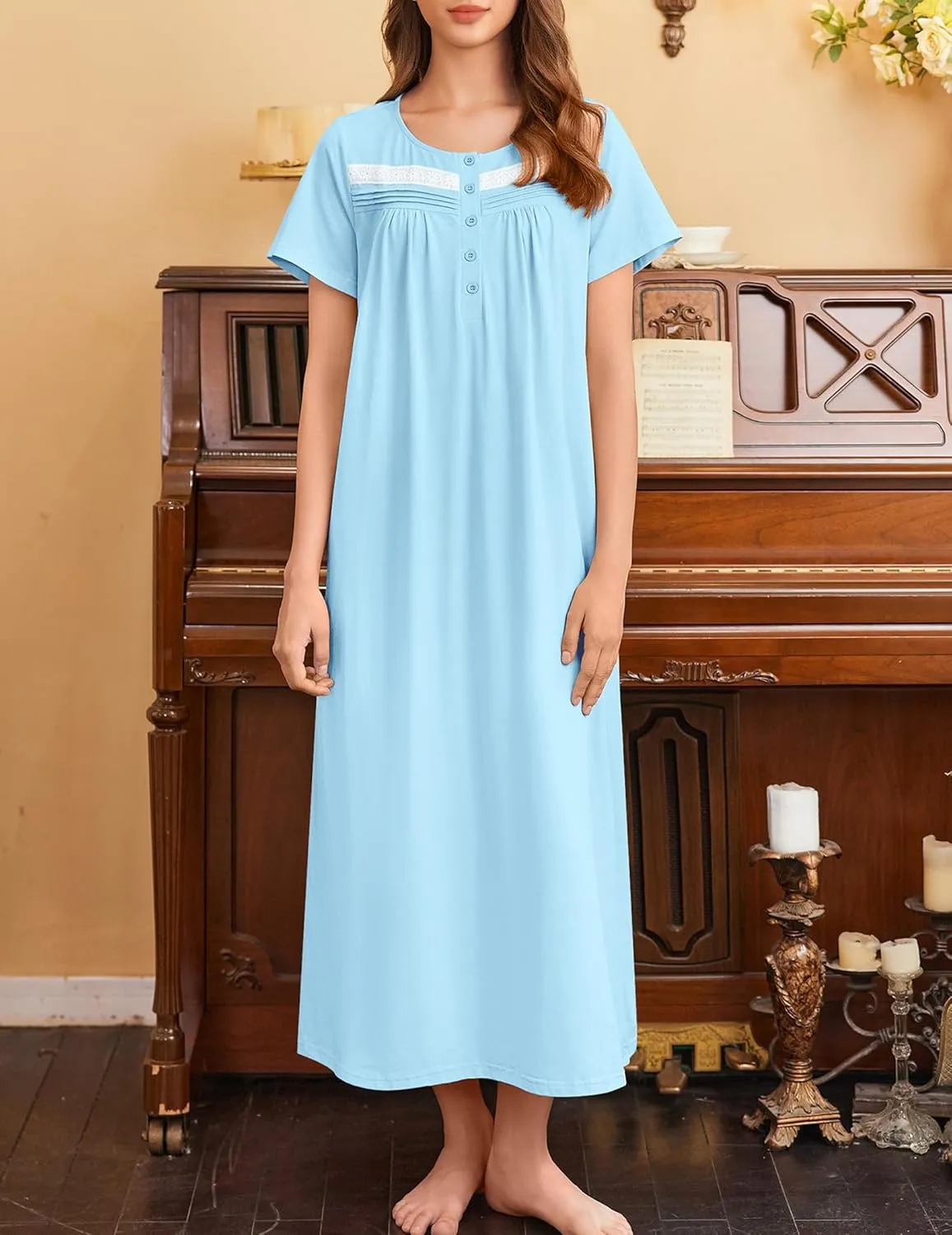 Cotton Long Night Gown Short Sleeve Nightdress with Pockets sold by Ekouaer