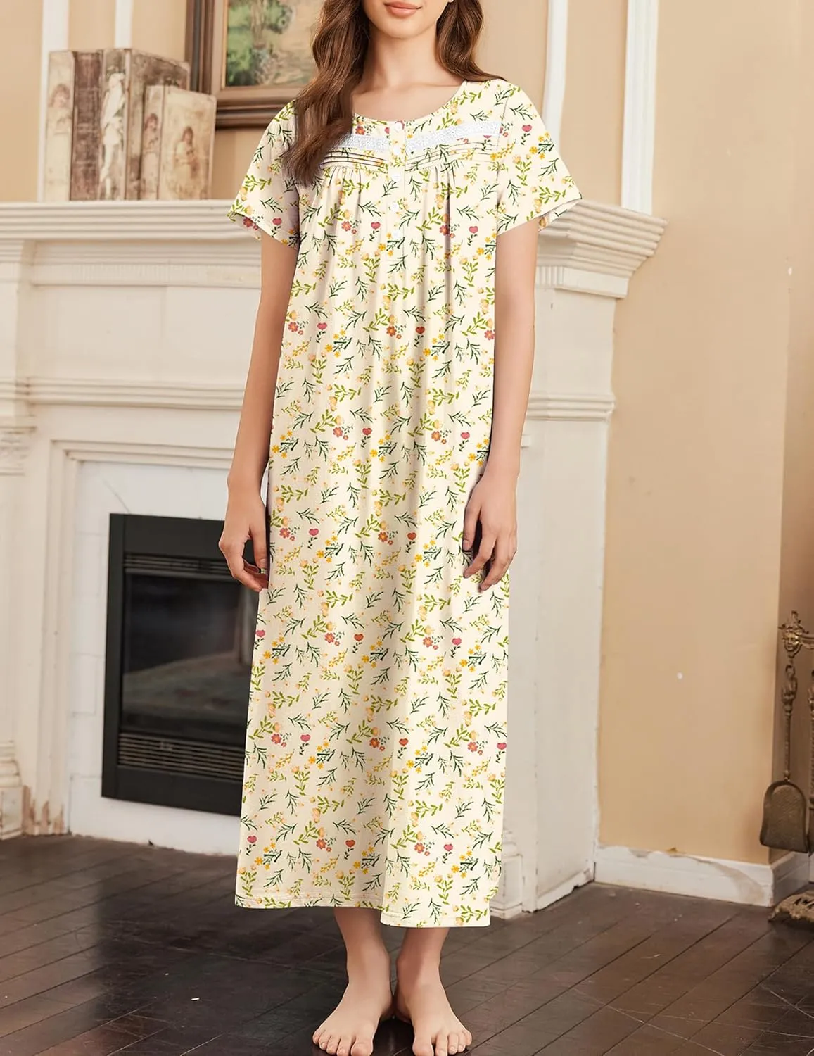 Cotton Long Night Gown Short Sleeve Nightdress with Pockets sold by Ekouaer product image thumbnail 4