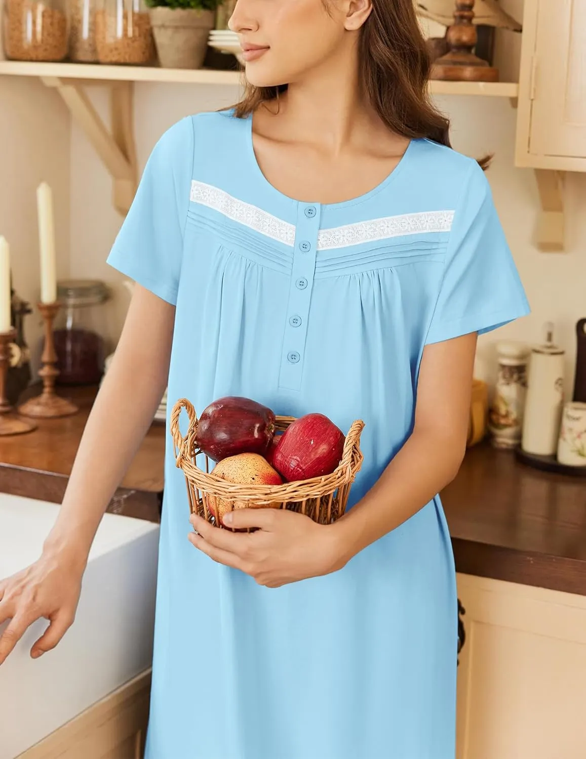 Cotton Long Night Gown Short Sleeve Nightdress with Pockets sold by Ekouaer product image thumbnail 2