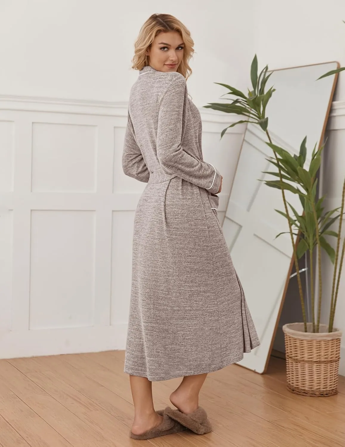 Long Bathrobe Soft Knit Kimono Robes sold by Ekouaer product image thumbnail 3