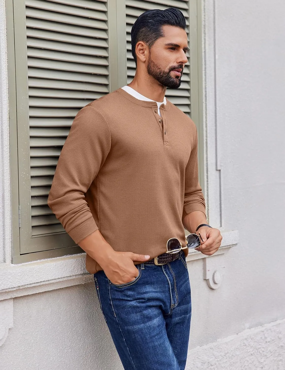 Mens Henley Long Sleeve Shirts Waffle T-Shirt sold by Ekouaer product image thumbnail 3