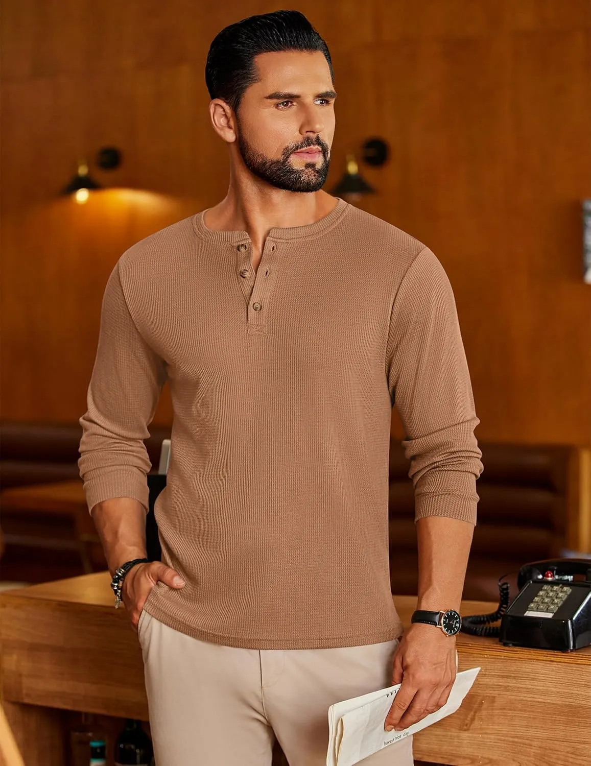 Mens Henley Long Sleeve Shirts Waffle T-Shirt sold by Ekouaer