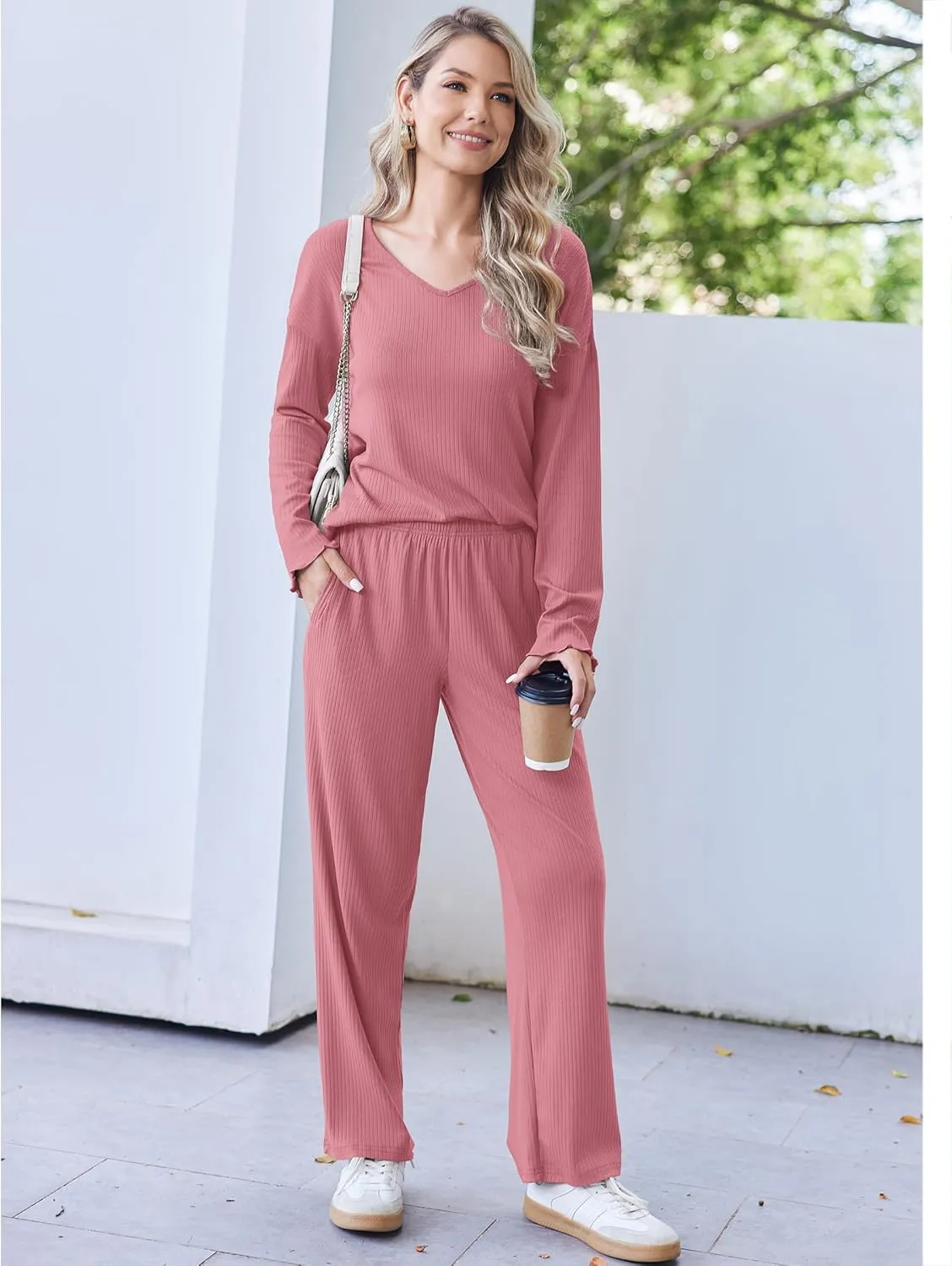 2 Pack Ribbed Knit Pajama Sets V Neck Soft Lounge Sets sold by Ekouaer product image thumbnail 4