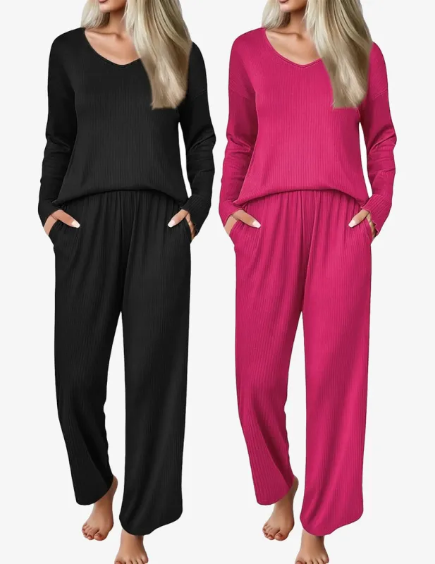 2 Pack Ribbed Knit Pajama Sets V Neck Soft Lounge Sets sold by Ekouaer