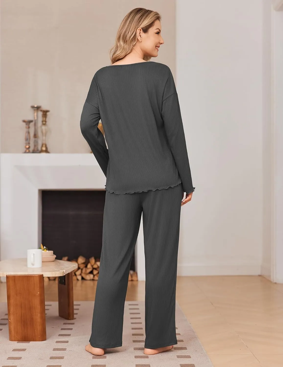 2 Pack Ribbed Knit Pajama Sets V Neck Soft Lounge Sets sold by Ekouaer product image thumbnail 5