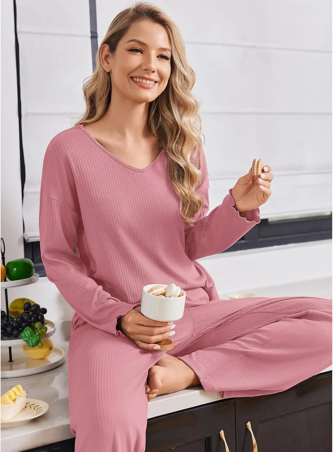 2 Pack Ribbed Knit Pajama Sets V Neck Soft Lounge Sets sold by Ekouaer product image thumbnail 2