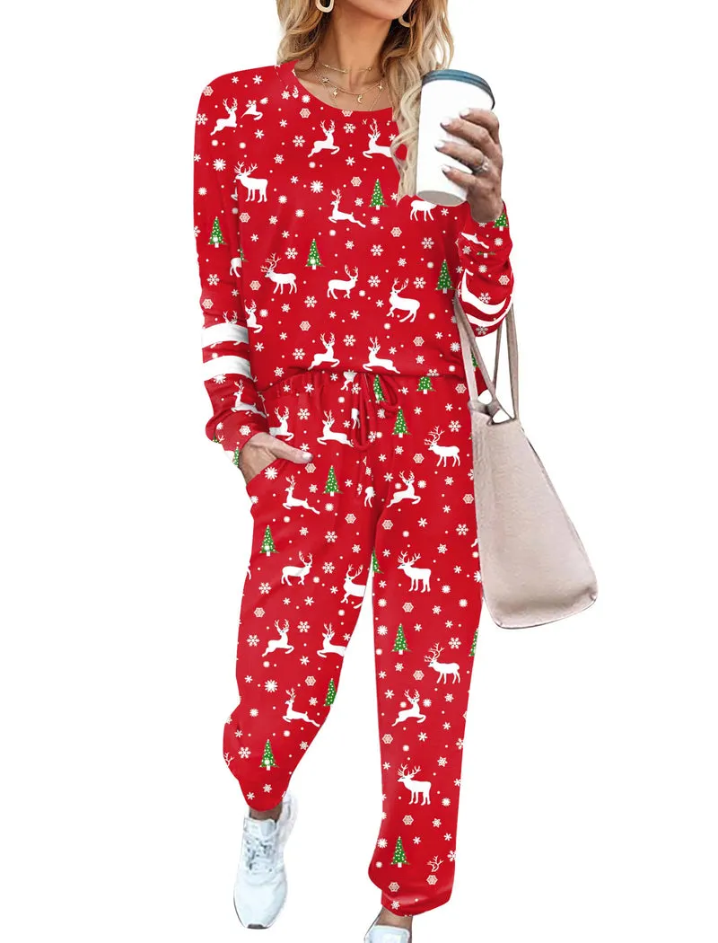 Print Tracksuit Long Sleeve Pajamas Set with Pockets sold by Ekouaer product image thumbnail 2