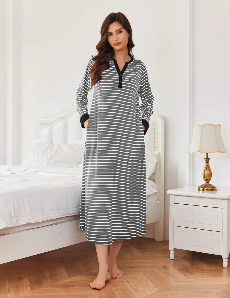 Button v neck Full Length Sleepshirt Nightgown with Pockets sold by Ekouaer product image thumbnail 3