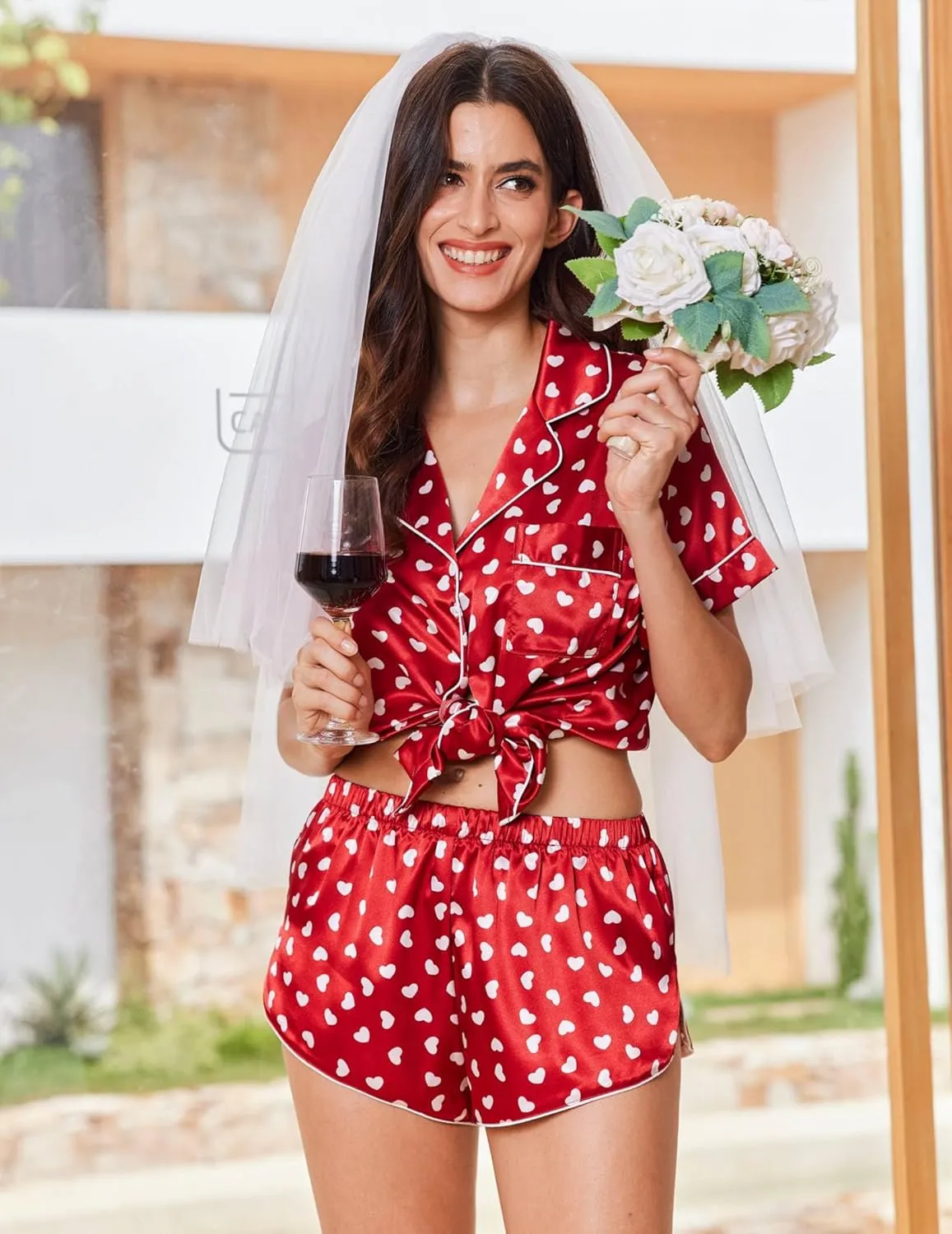 Satin Pajama Sets 2 Piece Button Down Silk Pjs Shorts Sets sold by Ekouaer product image thumbnail 3