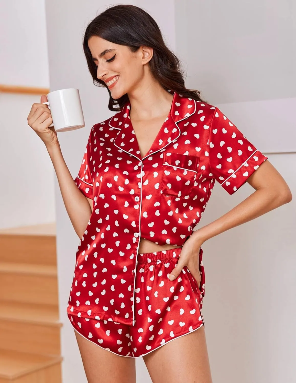 Satin Pajama Sets 2 Piece Button Down Silk Pjs Shorts Sets sold by Ekouaer