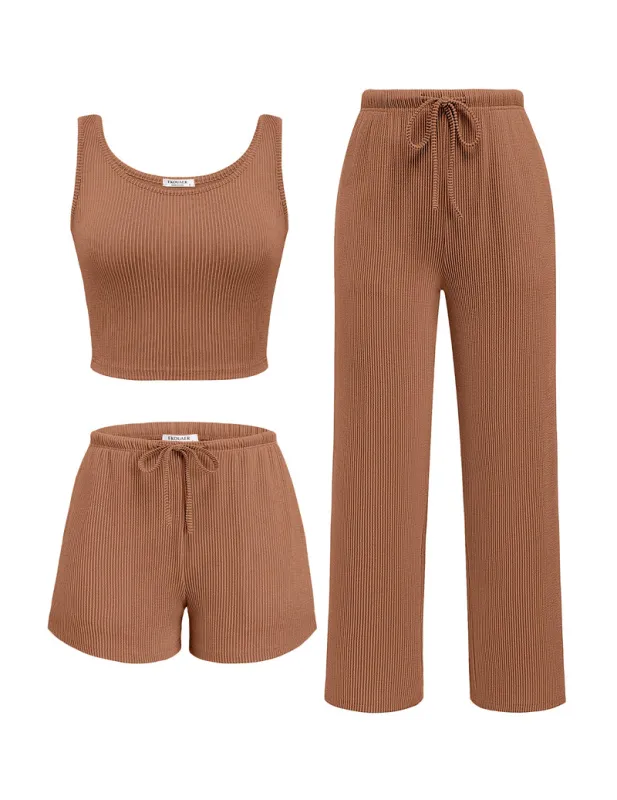 3 Piece Lounge Set Ribbed Soft Pajama Set made by Ekouaer