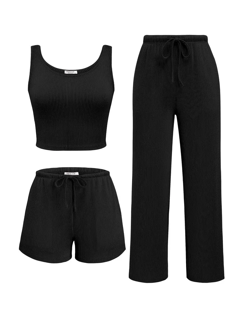 3 Piece Lounge Set Ribbed Soft Pajama Set sold by Ekouaer product image thumbnail 4