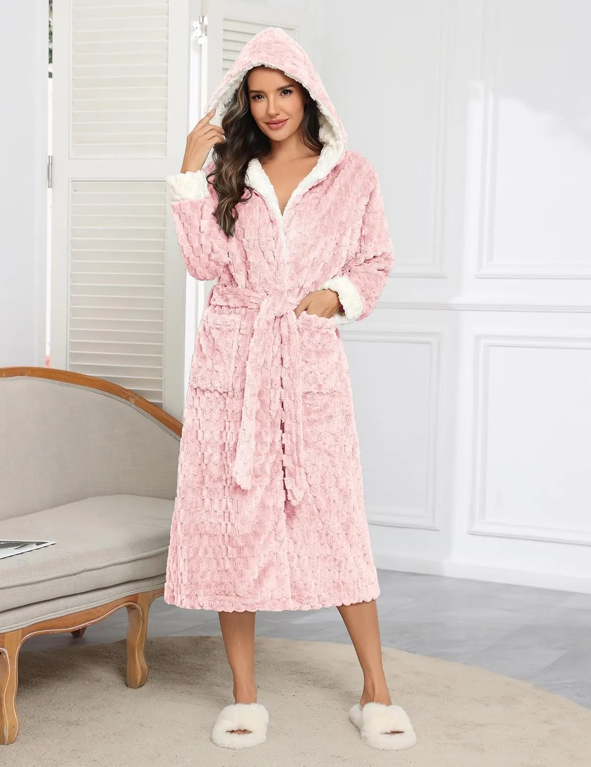 Plush Robes Long Soft Jacquard Fluffy Hooded Robe sold by Ekouaer product image thumbnail 5