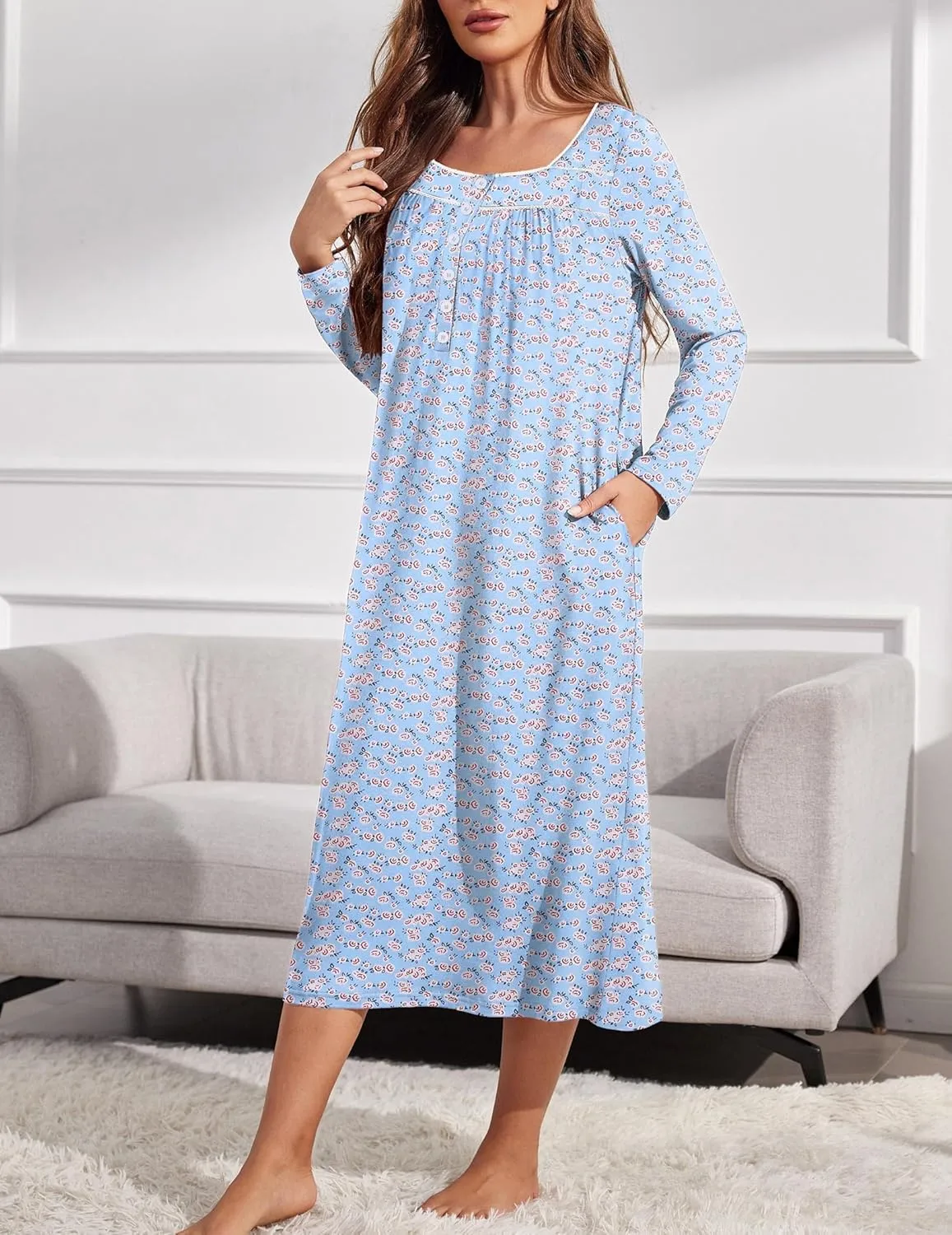 Long Sleep Shirts Henley Night Shirts Full Length Nightgown sold by Ekouaer product image thumbnail 4