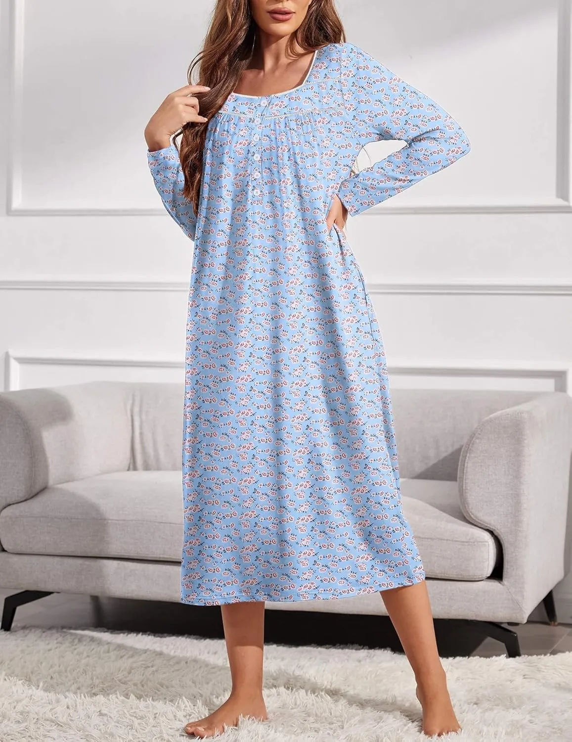 Long Sleep Shirts Henley Night Shirts Full Length Nightgown sold by Ekouaer product image thumbnail 5