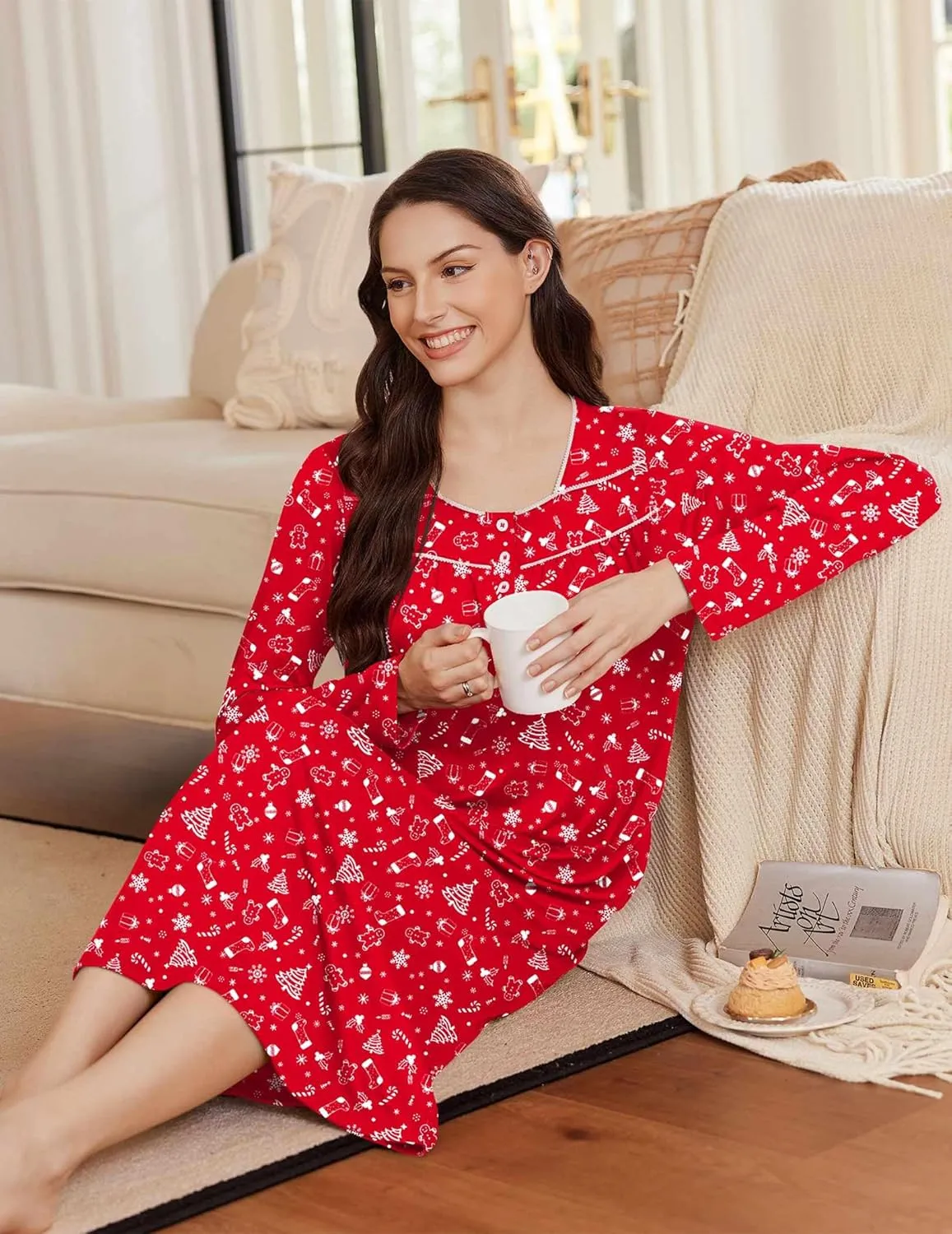 Long Sleep Shirts Henley Night Shirts Full Length Nightgown sold by Ekouaer product image thumbnail 3