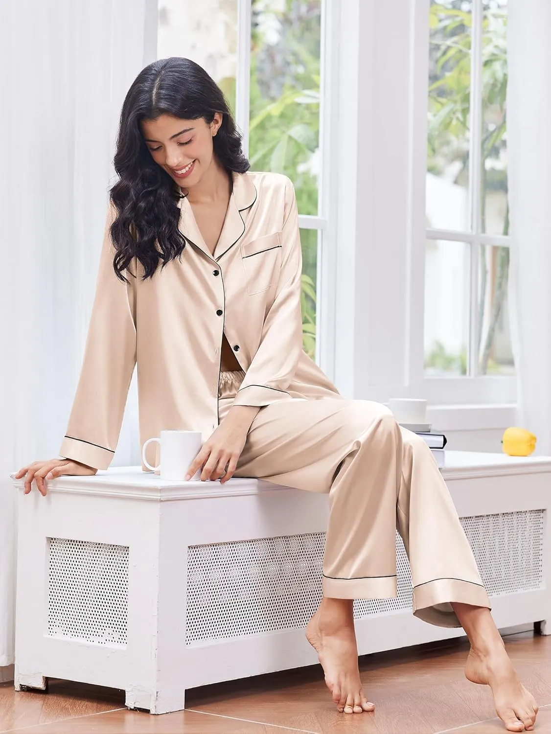 2 Pack Satin Pajamas Set Button Down Silk Pjs Set sold by Ekouaer product image thumbnail 3