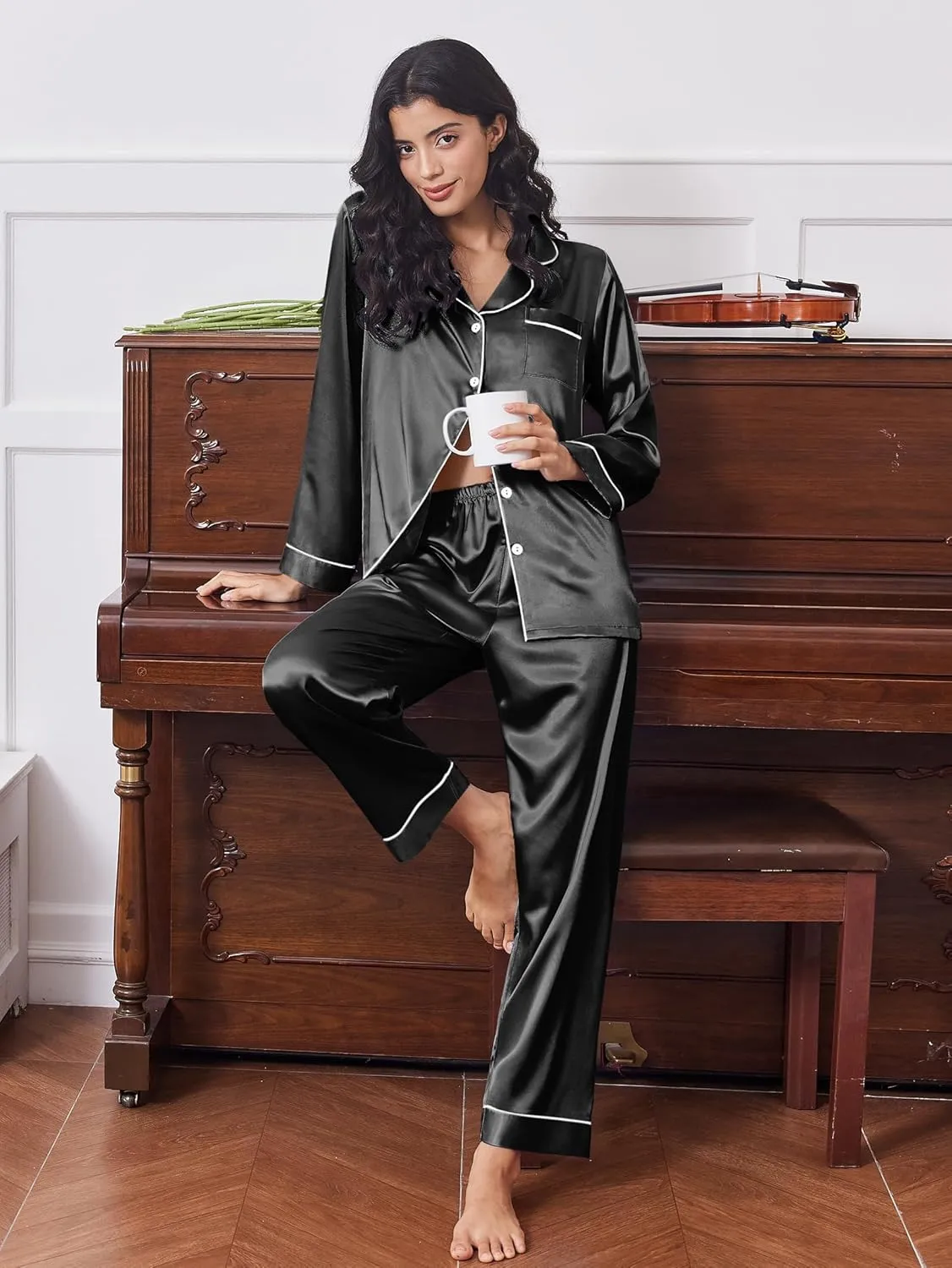 2 Pack Satin Pajamas Set Button Down Silk Pjs Set sold by Ekouaer product image thumbnail 4