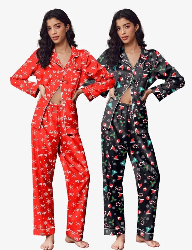 2 Pack Satin Pajamas Set Button Down Silk Pjs Set sold by Ekouaer