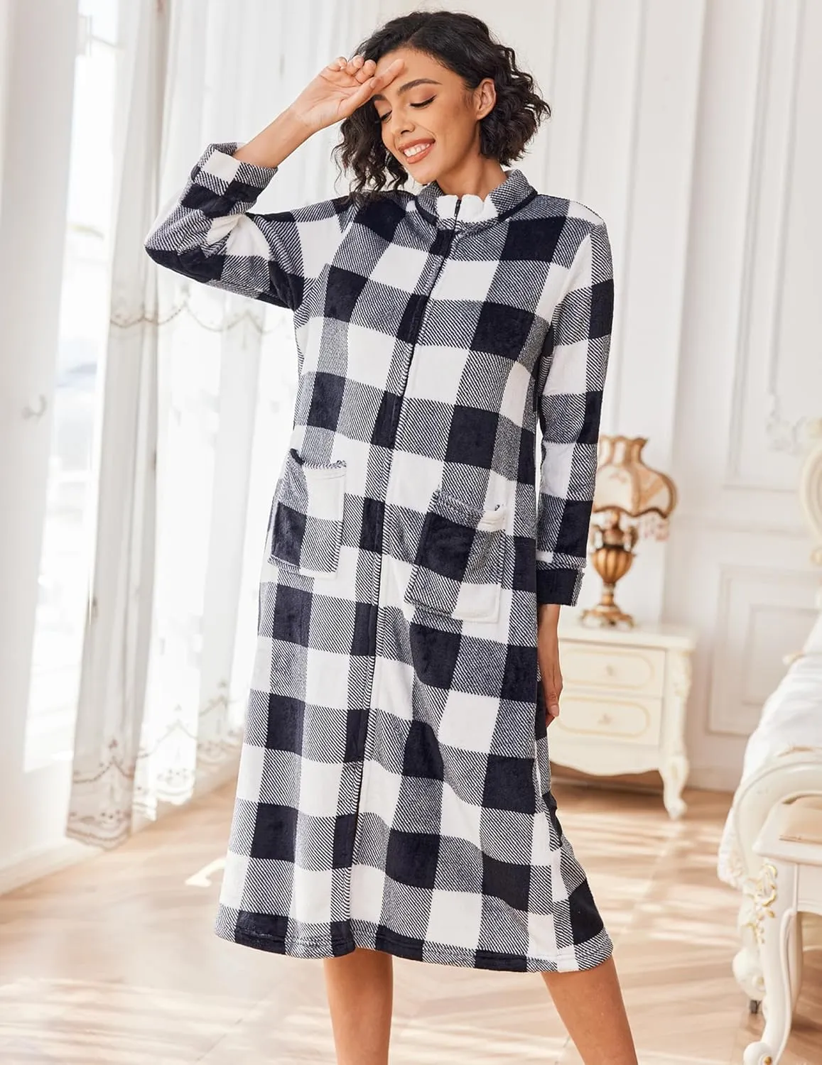 Zipper Robe Fleece Long Sleeves Bathrobe Warm Soft Housecoat sold by Ekouaer product image thumbnail 4