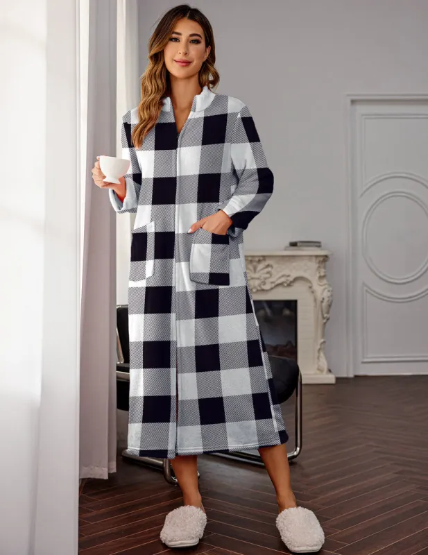 Zipper Robe Fleece Long Sleeves Bathrobe Warm Soft Housecoat made by Ekouaer