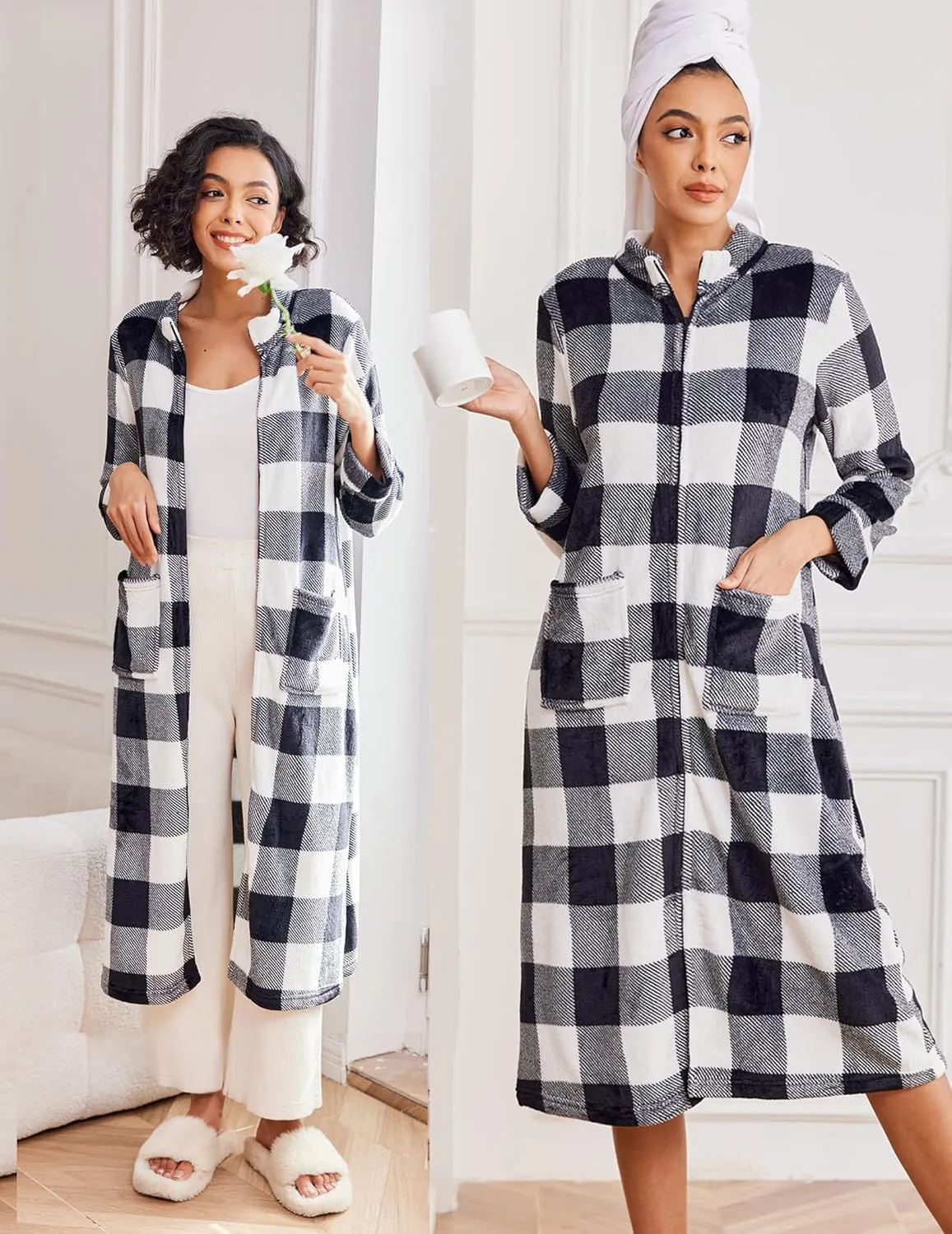 Zipper Robe Fleece Long Sleeves Bathrobe Warm Soft Housecoat sold by Ekouaer product image thumbnail 5