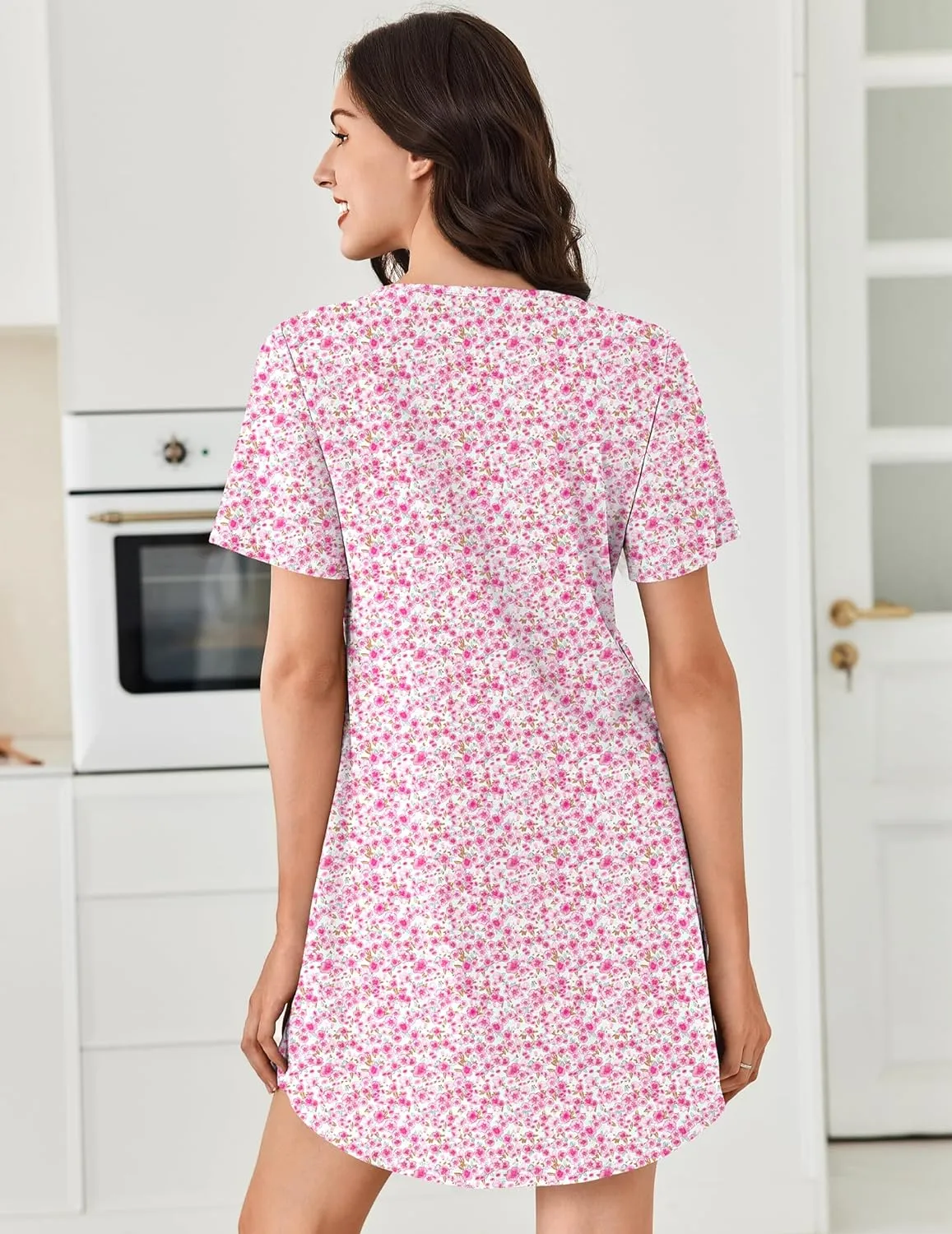 Cotton Night Gowns Pleated Henley V Neck Sleepshirts sold by Ekouaer product image thumbnail 5