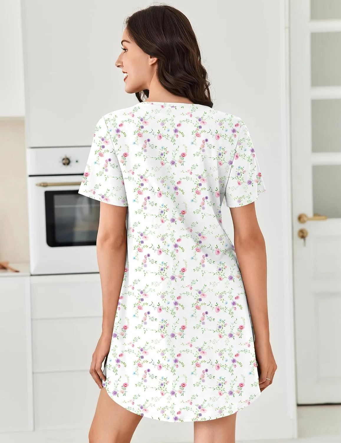 Cotton Night Gowns Pleated Henley V Neck Sleepshirts sold by Ekouaer product image thumbnail 3