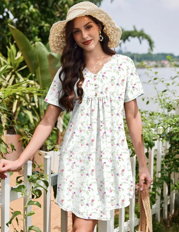 Cotton Night Gowns Pleated Henley V Neck Sleepshirts sold by Ekouaer