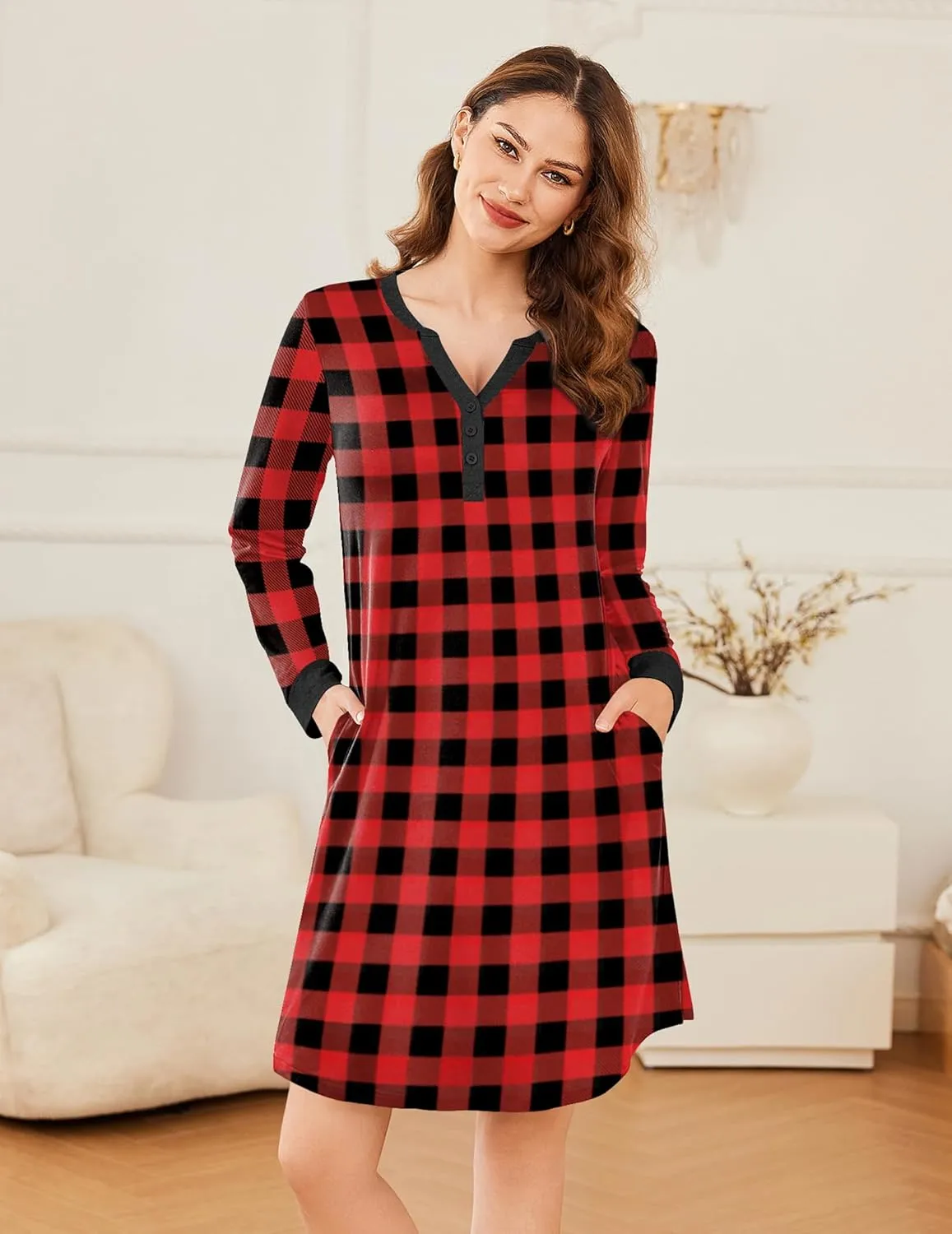 Button Down Nightshirt V Neck Pajama Dress sold by Ekouaer product image thumbnail 2