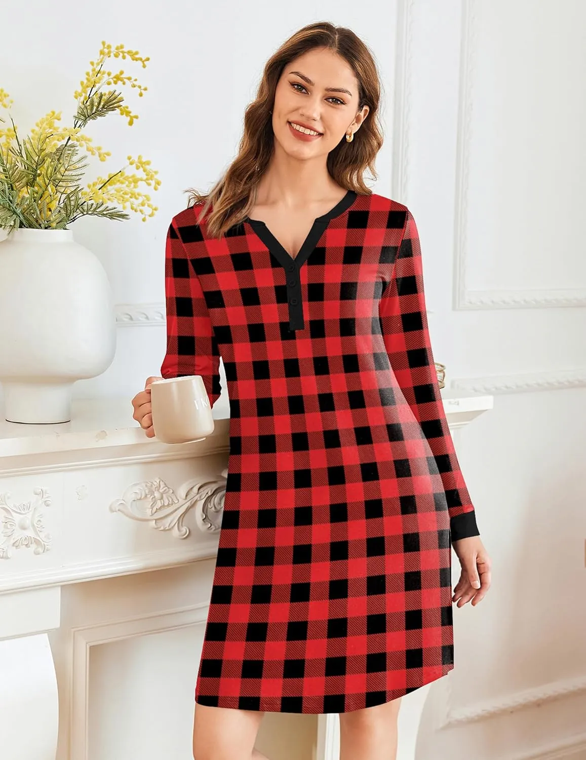 Button Down Nightshirt V Neck Pajama Dress sold by Ekouaer product image thumbnail 4