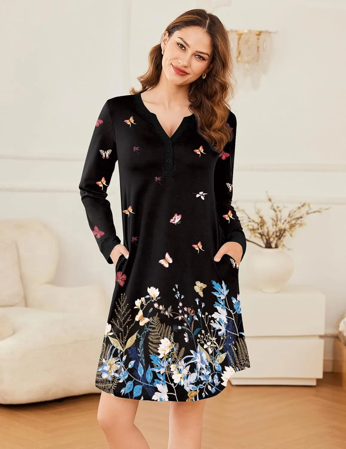 Button Down Nightshirt V Neck Pajama Dress sold by Ekouaer product image thumbnail 5